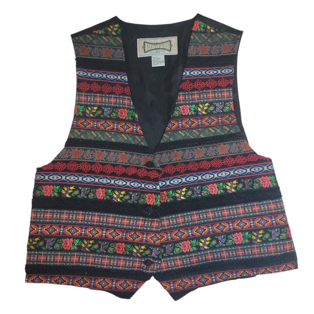 Vtg 90s Hype Embroidered Vest Boho Grandma Floral Large Black Multicolor Rayon